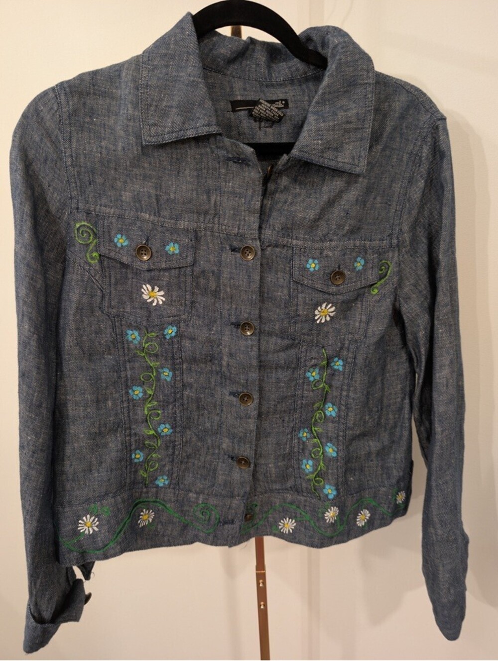 1042 - Willi Smith Denim Hand Painted Floral Button Front Jacket Womens - Used